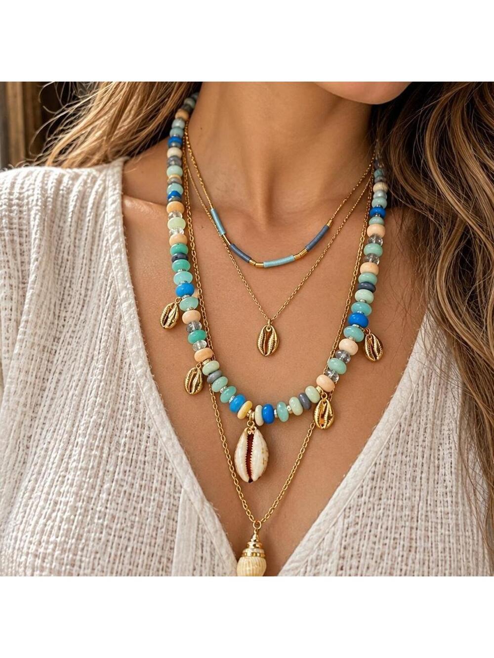 Vintage GV9 Signed Multi-Strand Shell & Beaded Necklace – Gold Tone Coastal Y2K